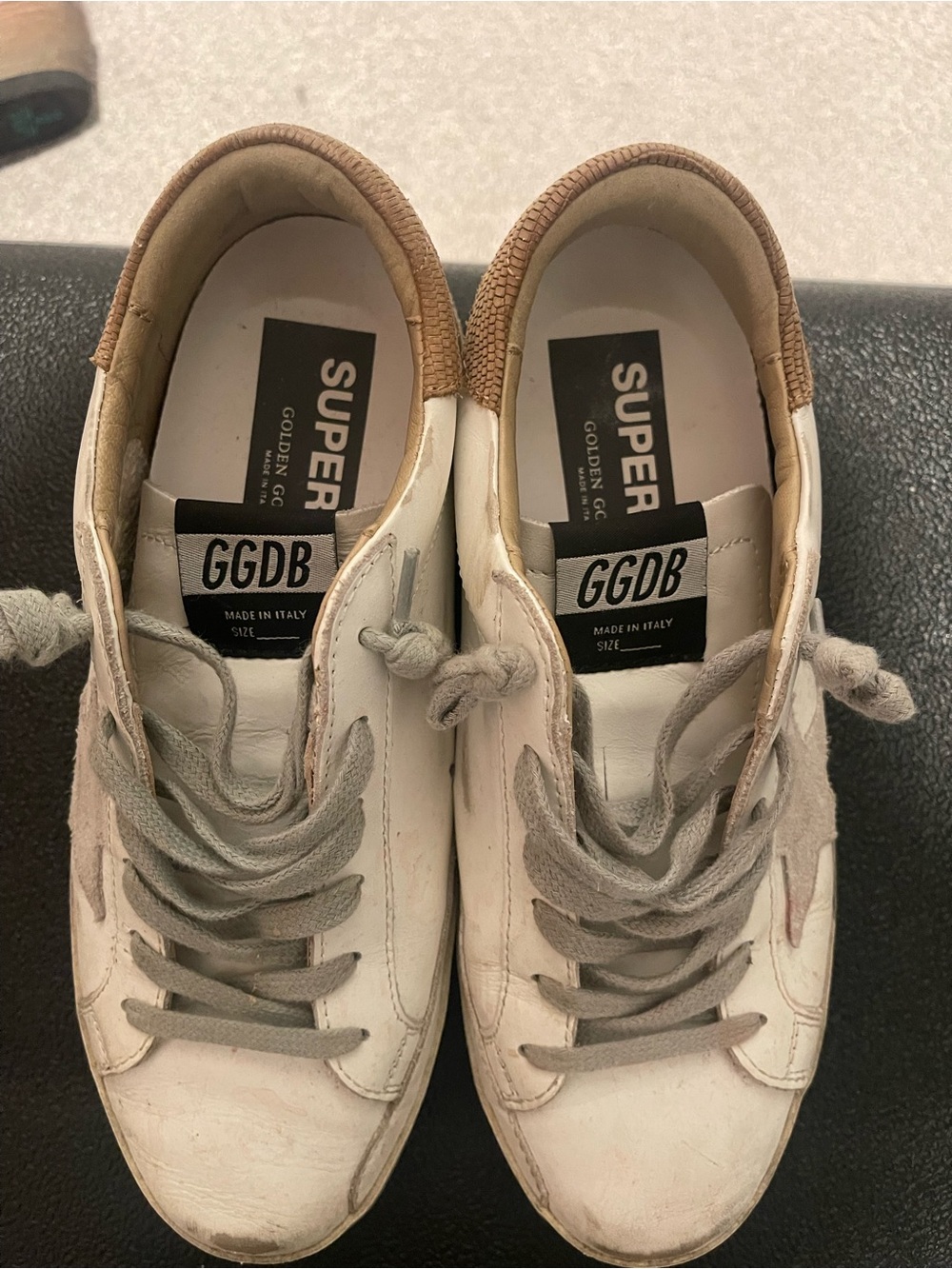 Golden Goose White Leather Sneakers with Gray Laces and Tan Heel